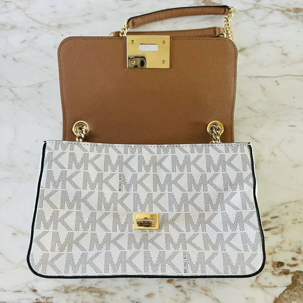 MICHAEL KORS Tina Vanilla Acorn Leather Medium Flap Shoulder Bag